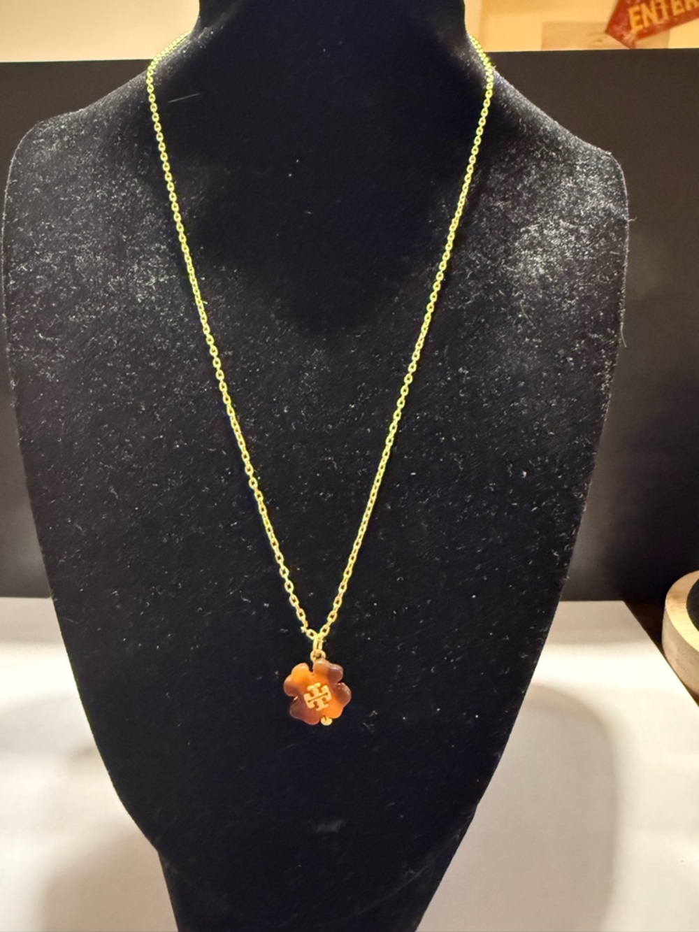 NEW Tory Burch Forget Me Not Gold Tone Brown Amber-like Clover Charm Necklace